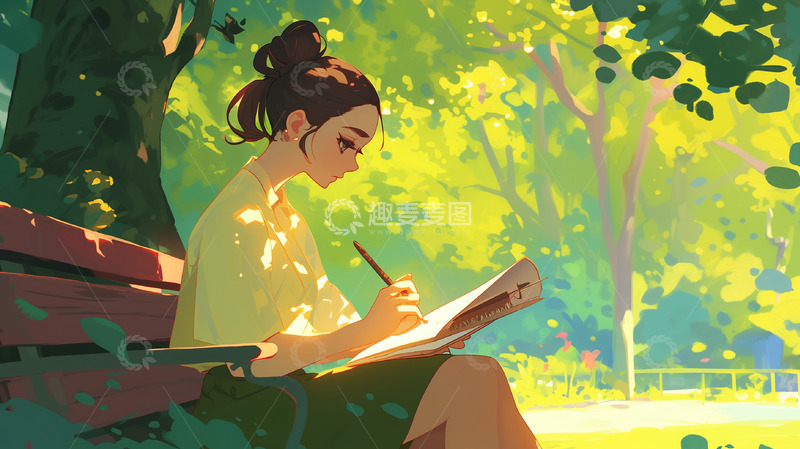 高清大图下载【趣麦麦图】女孩户外写生插画背景