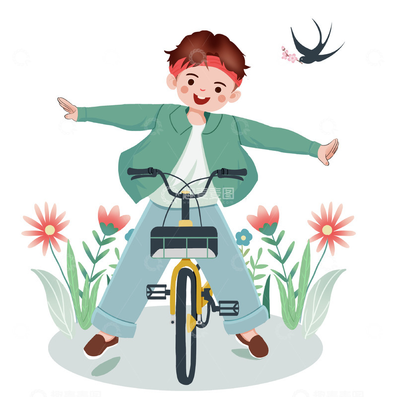 小孩春游踏青骑自行车 燕子花草