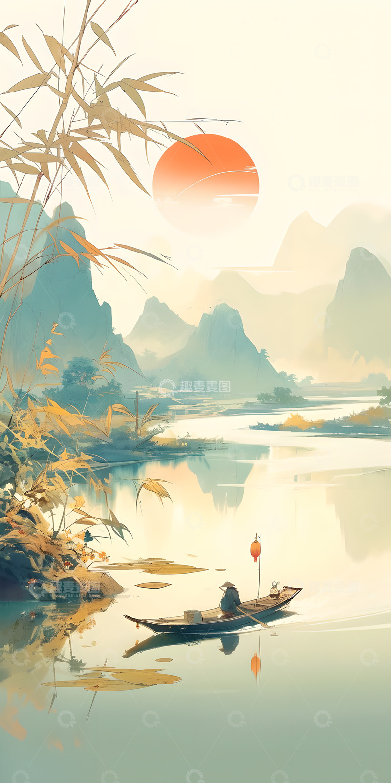 高清大图下载【趣麦麦图】中国风水彩山水夕阳背景图