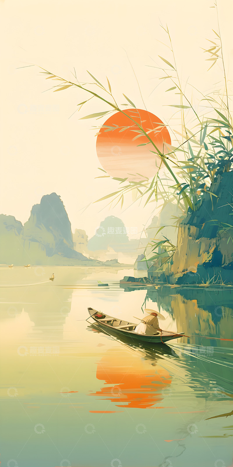 高清大图下载【趣麦麦图】国风山水背景素材图