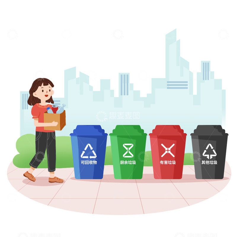 源文件下载【趣麦麦图】-女孩城市垃圾分类行为场景