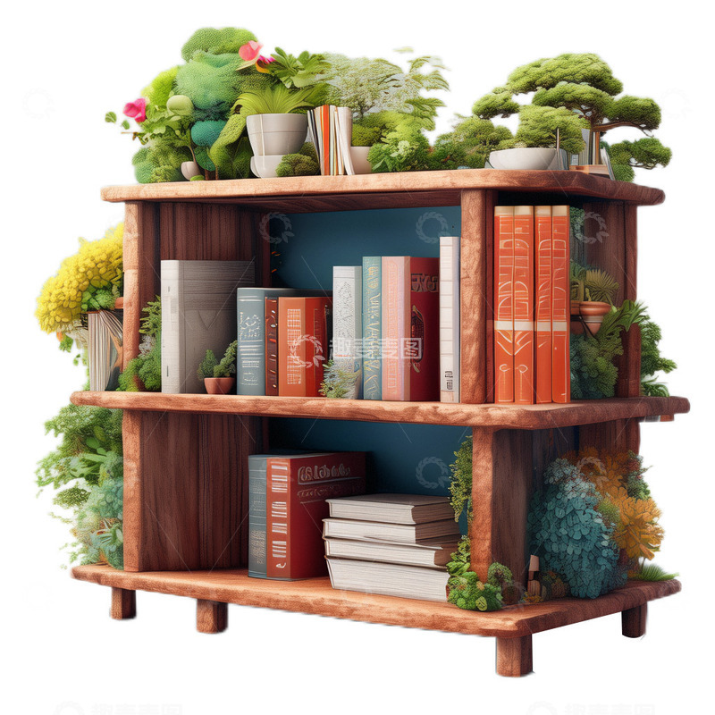 高清大图下载【趣麦麦图】3D立体卡通木质书架书柜植物