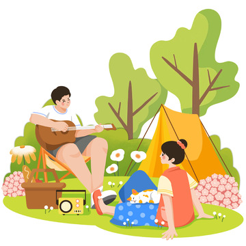 扁平风手绘卡通郊游踏青情侣出游