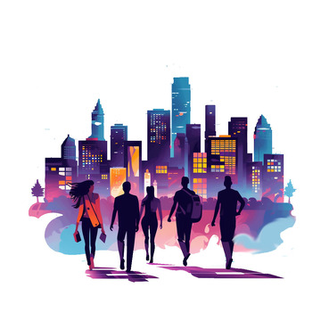 多彩都市购物剪影插画