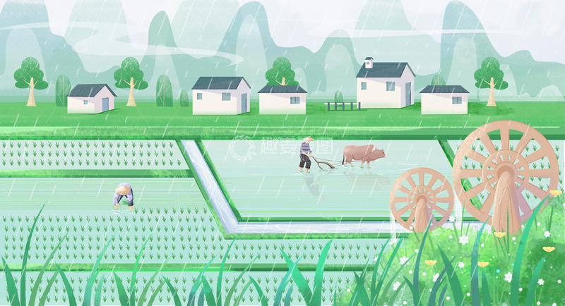 源文件下载【趣麦麦图】谷雨节气耕作插秧