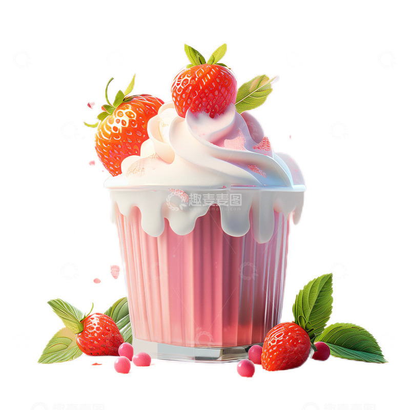 高清大图下载【趣麦麦图】3D立体卡通草莓圣代甜点雪糕夏天