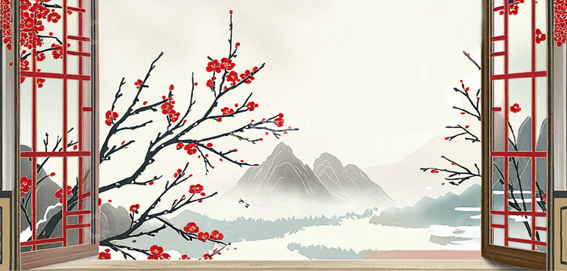窗外腊梅山水风景国风背景