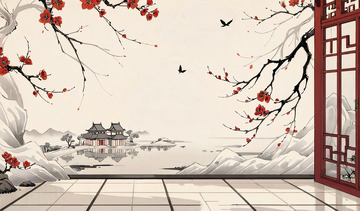 腊梅山水国风水墨素材