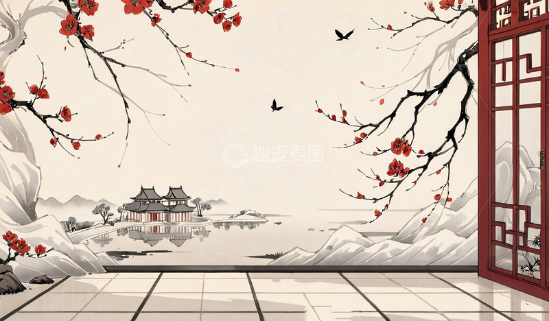 腊梅山水国风水墨素材