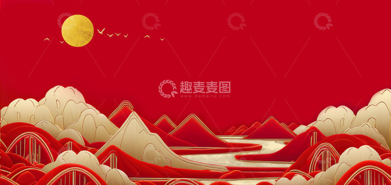 中国红鎏金山水背景