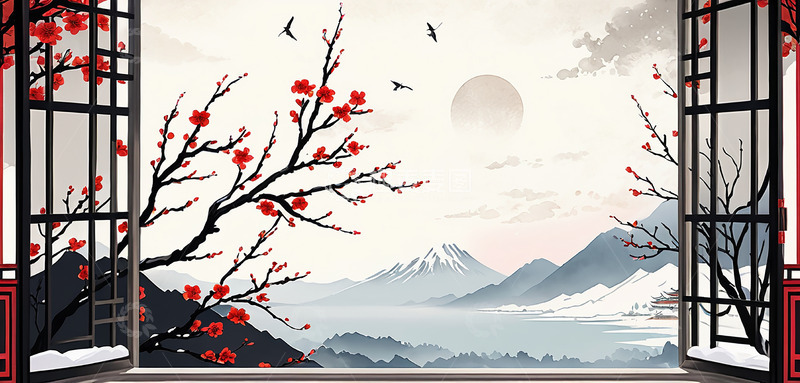 国风水墨窗外腊梅背景素材