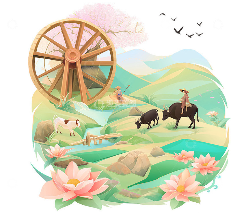 高清大图下载【趣麦麦图】春耕水车风景插画素材
