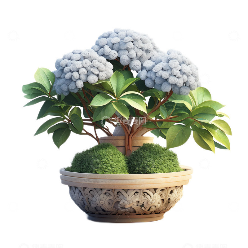 高清大图下载【趣麦麦图】3D立体卡通绣球花盆栽淡蓝色