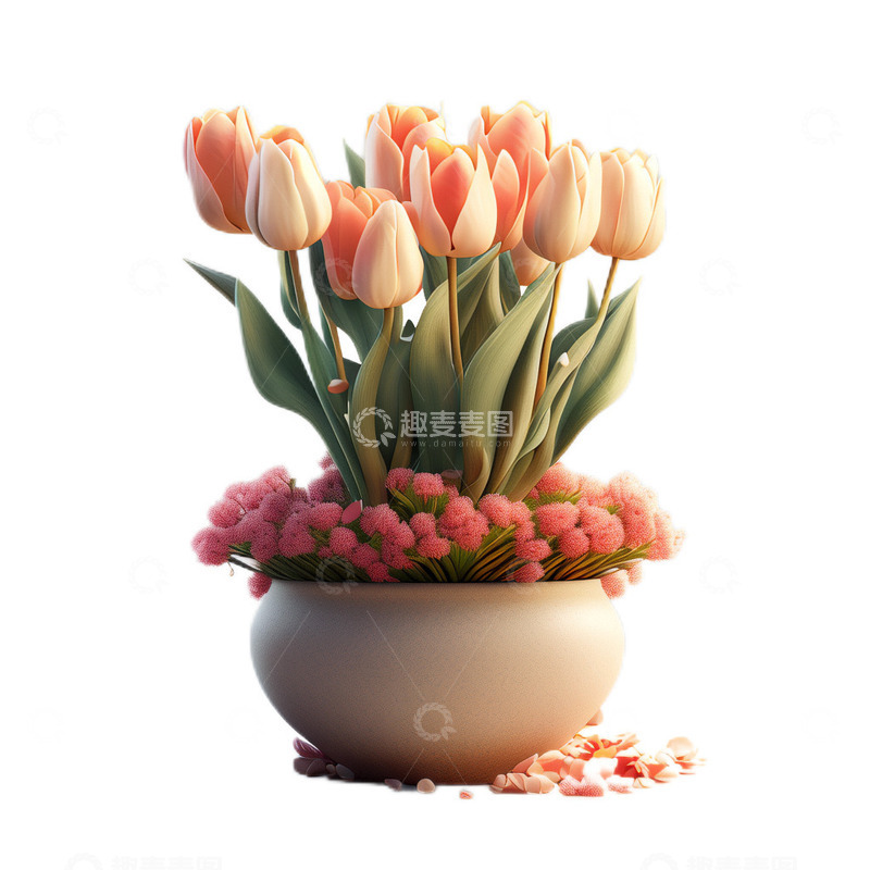 高清大图下载【趣麦麦图】3D立体卡通郁金香植物盆栽粉色