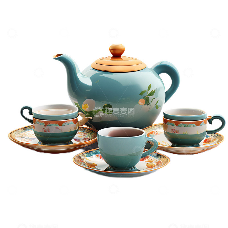 高清大图下载【趣麦麦图】3D立体卡通茶具一套复古青色