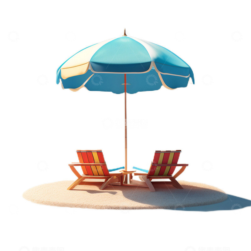 高清大图下载【趣麦麦图】3D立体卡通遮阳伞沙滩夏日躺椅蓝色