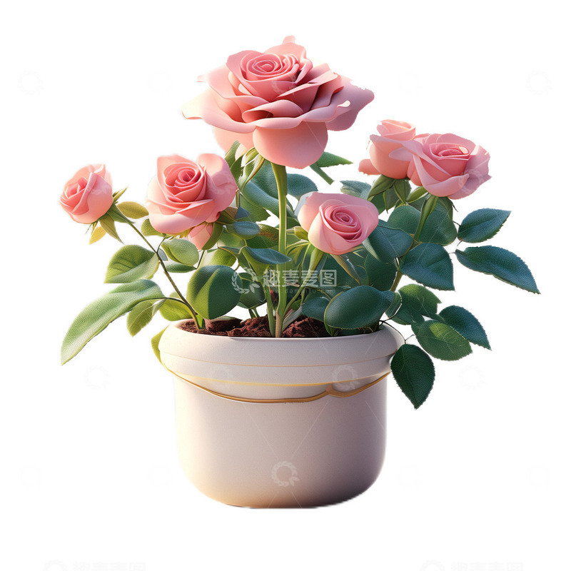 高清大图下载【趣麦麦图】3D立体卡通玫瑰盆栽植物花朵