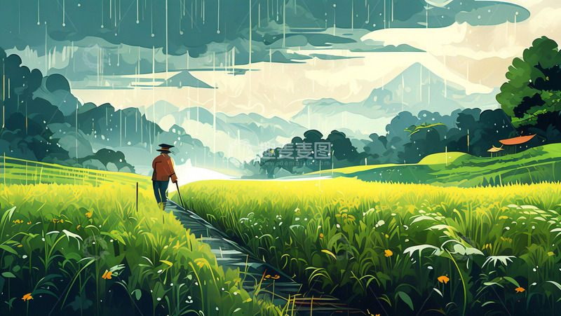 高清大图下载【趣麦麦图】谷雨农耕背景插画