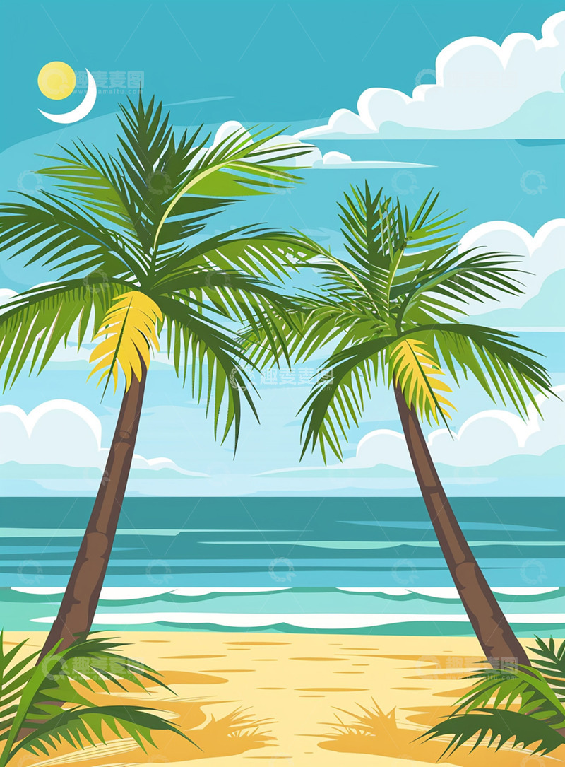 高清大图下载【趣麦麦图】海岛边的两棵椰树