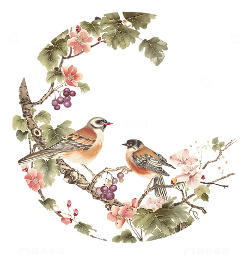 高清大图下载【趣麦麦图】镂空麻雀花鸟画