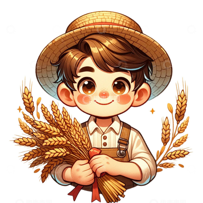 高清大图下载【趣麦麦图】抱着麦穗的可爱农民卡通人物素材