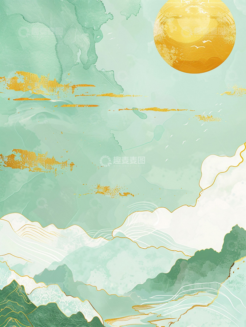 高清大图下载【趣麦麦图】国风青色山峰烫金背景