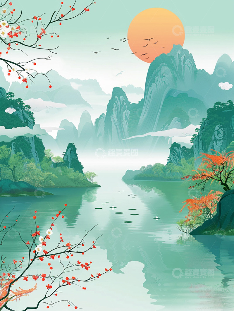 高清大图下载【趣麦麦图】国风风景夕阳落山