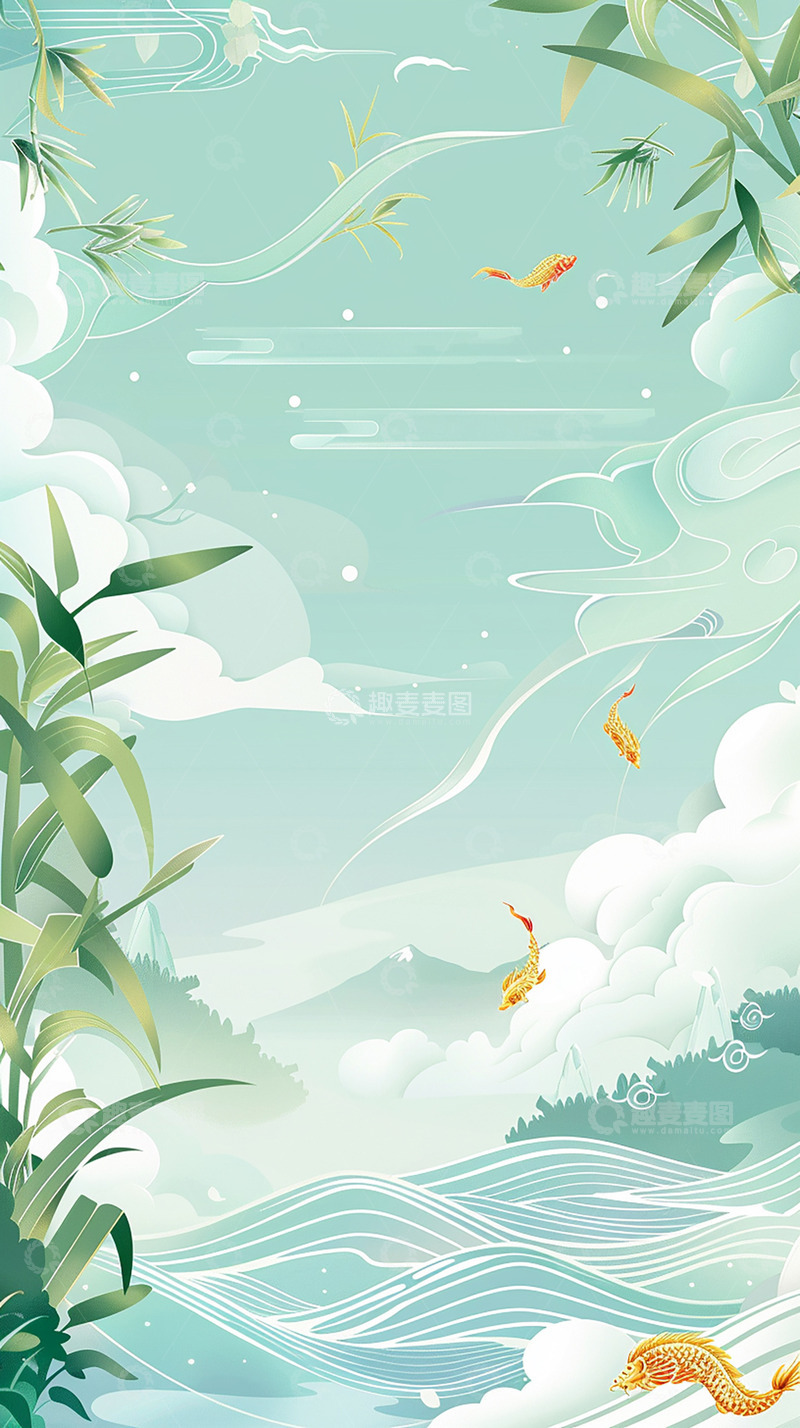 高清大图下载【趣麦麦图】祥云竹子浅绿背景