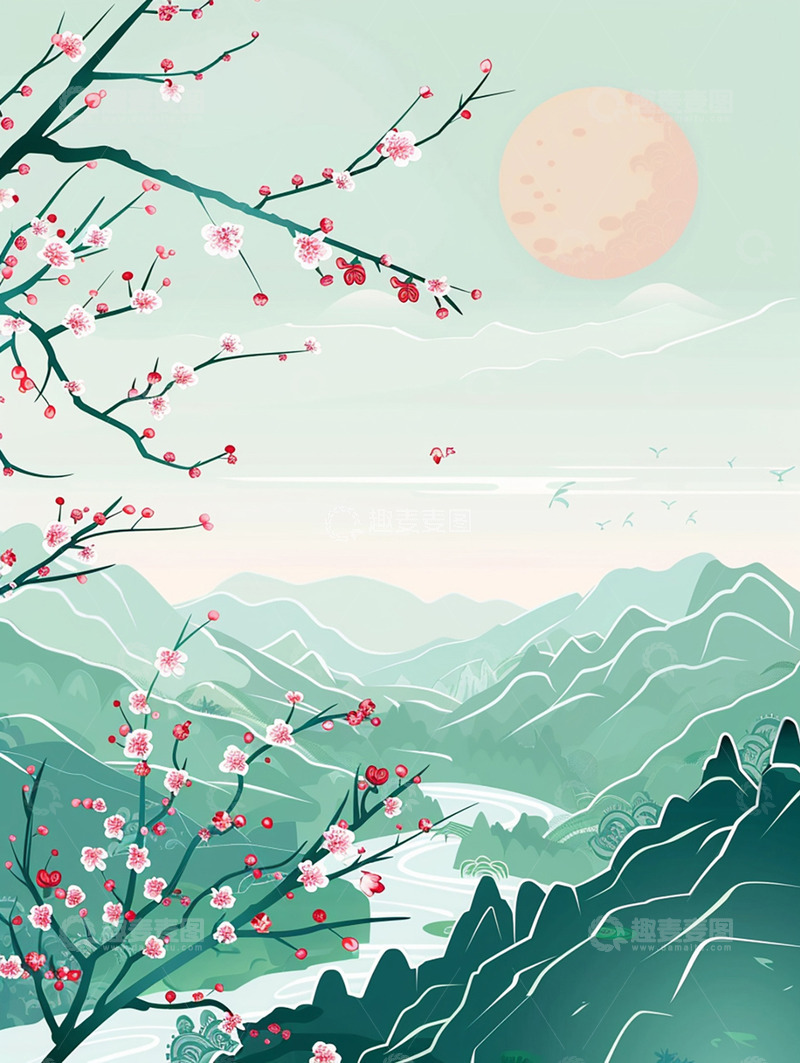 高清大图下载【趣麦麦图】桃花山水国风背景