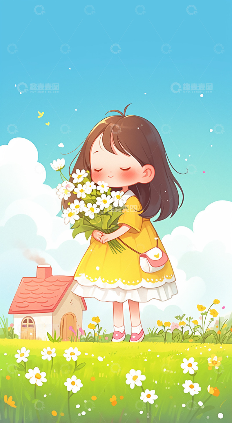 草地上怀抱鲜花的女孩