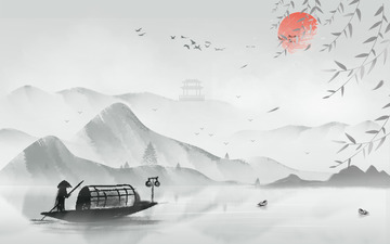 山水画 竹子 亭子