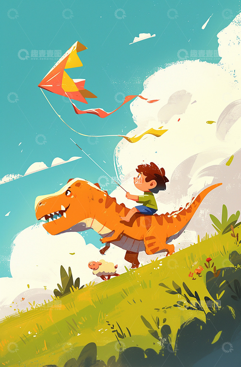高清大图下载【趣麦麦图】草地上放风筝的男孩