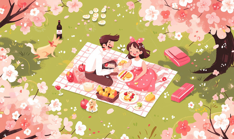 粉色樱花下野餐的人