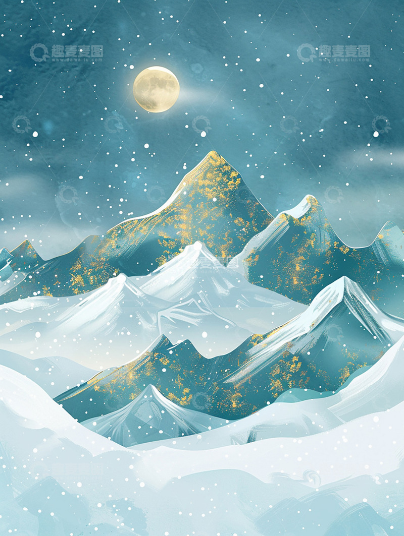 高清大图下载【趣麦麦图】国潮圆月与远山山峰