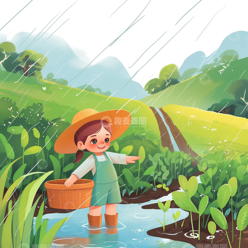 高清大图下载【趣麦麦图】-谷雨雨水节气卡通人物素材