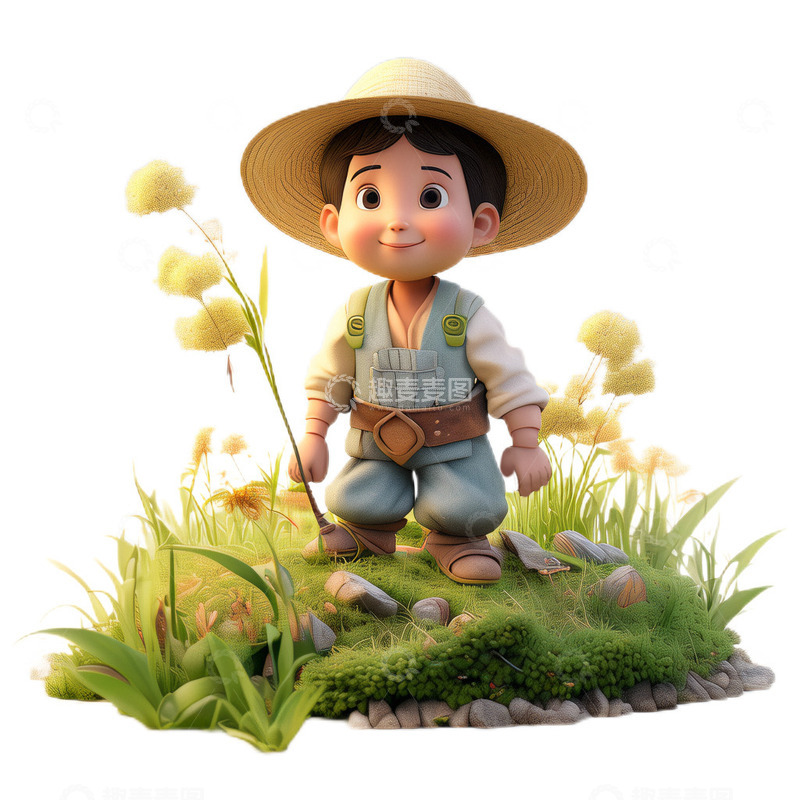 高清大图下载【趣麦麦图】3D立体卡通农民草帽庄稼