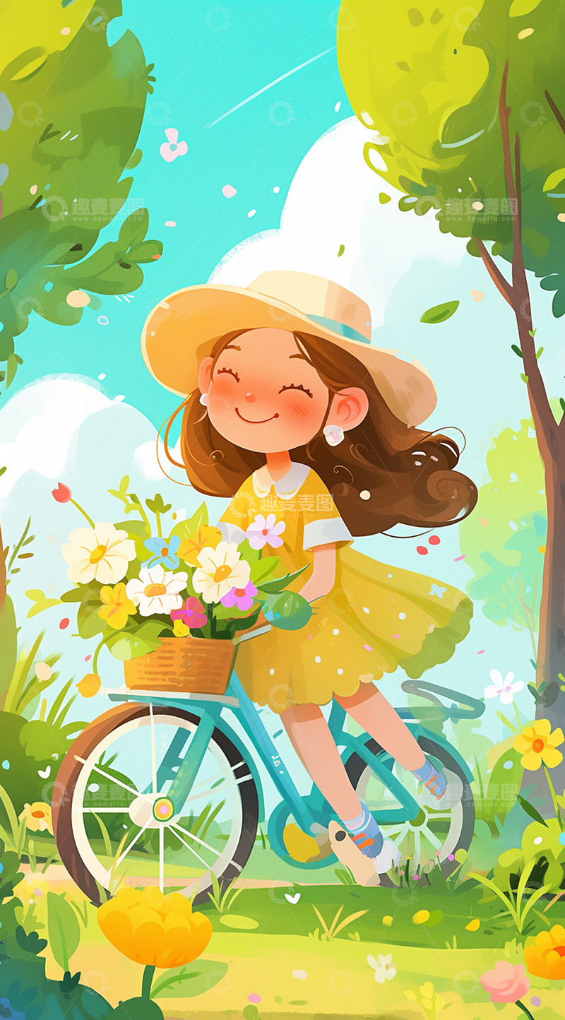 高清大图下载【趣麦麦图】戴草帽骑单车的女孩