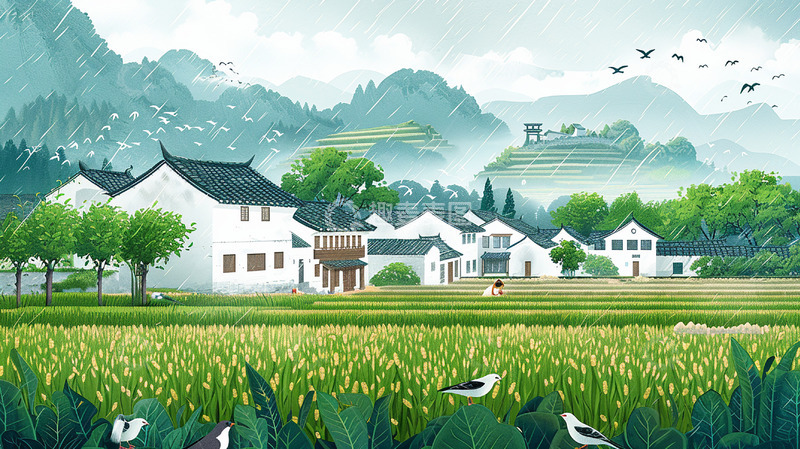 高清大图下载【趣麦麦图】谷雨农耕场景背景插画