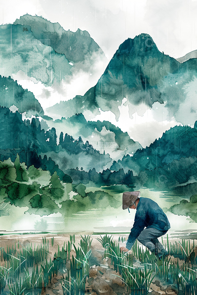 高清大图下载【趣麦麦图】水墨谷雨农耕场景背景插画