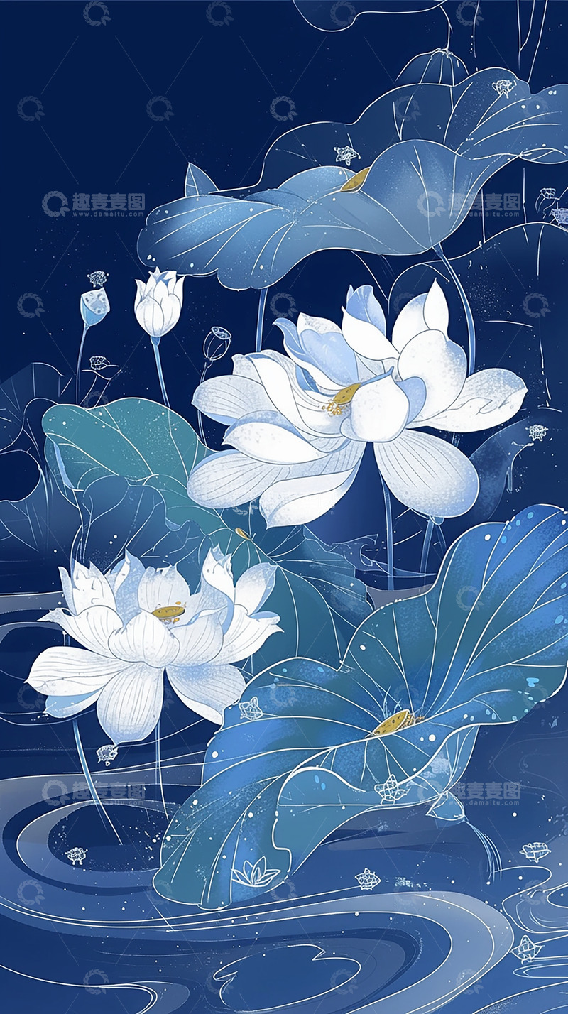 高清大图下载【趣麦麦图】国潮风格白荷花背景素材