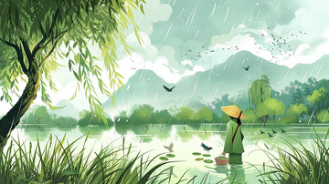 谷雨雨天农民劳作场景背景插画