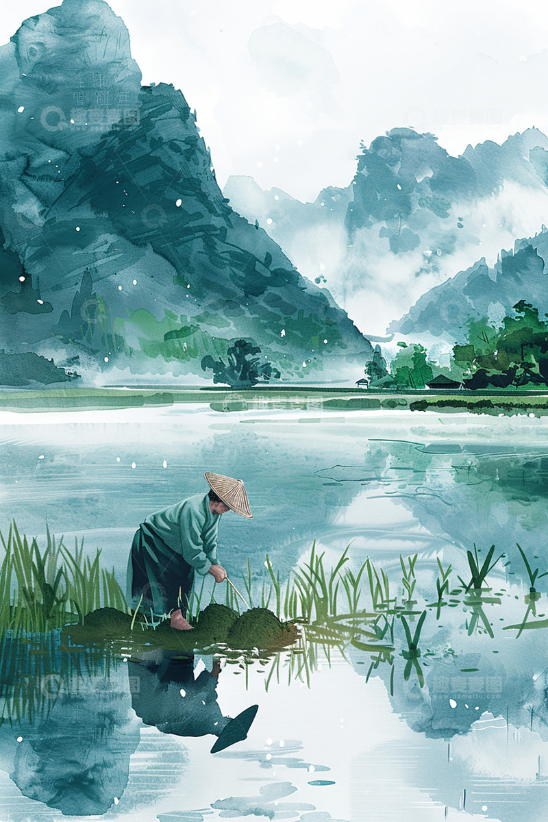 高清大图下载【趣麦麦图】谷雨农民耕作场景背景水彩画