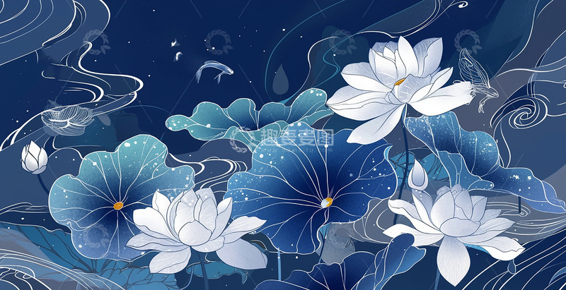 高清大图下载【趣麦麦图】国潮蓝色荷花背景素材