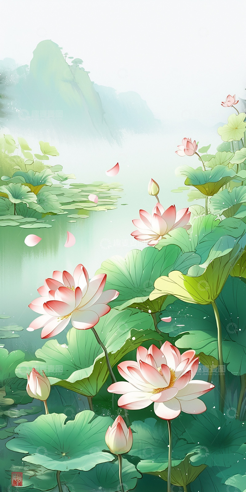 高清大图下载【趣麦麦图】国风山水荷花背景素材