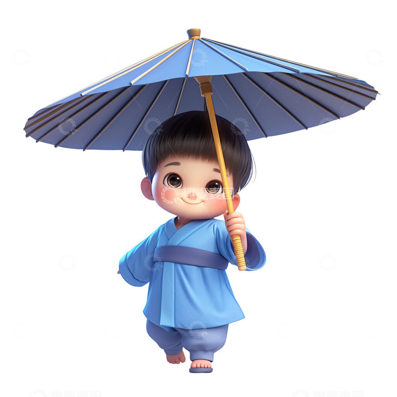 高清大图下载【趣麦麦图】谷雨季节撑着雨伞避雨的传统汉服小孩