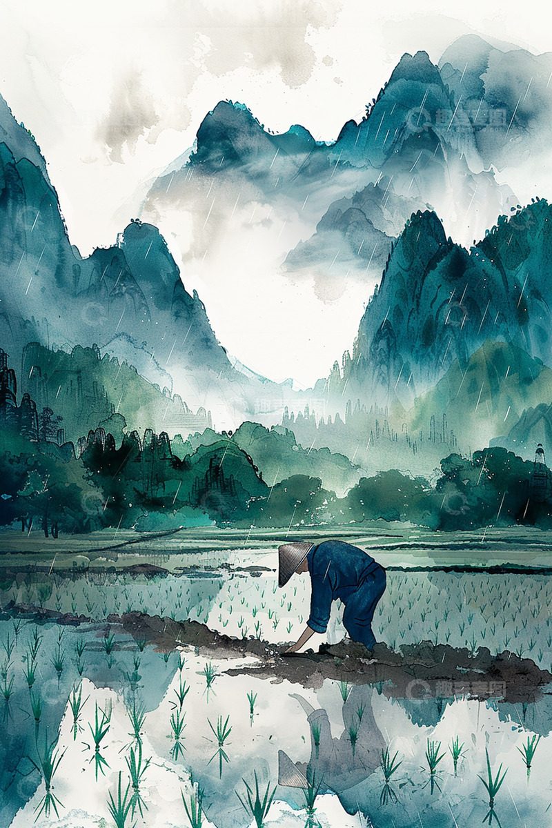 高清大图下载【趣麦麦图】谷雨农民插秧劳作场景背景水彩画