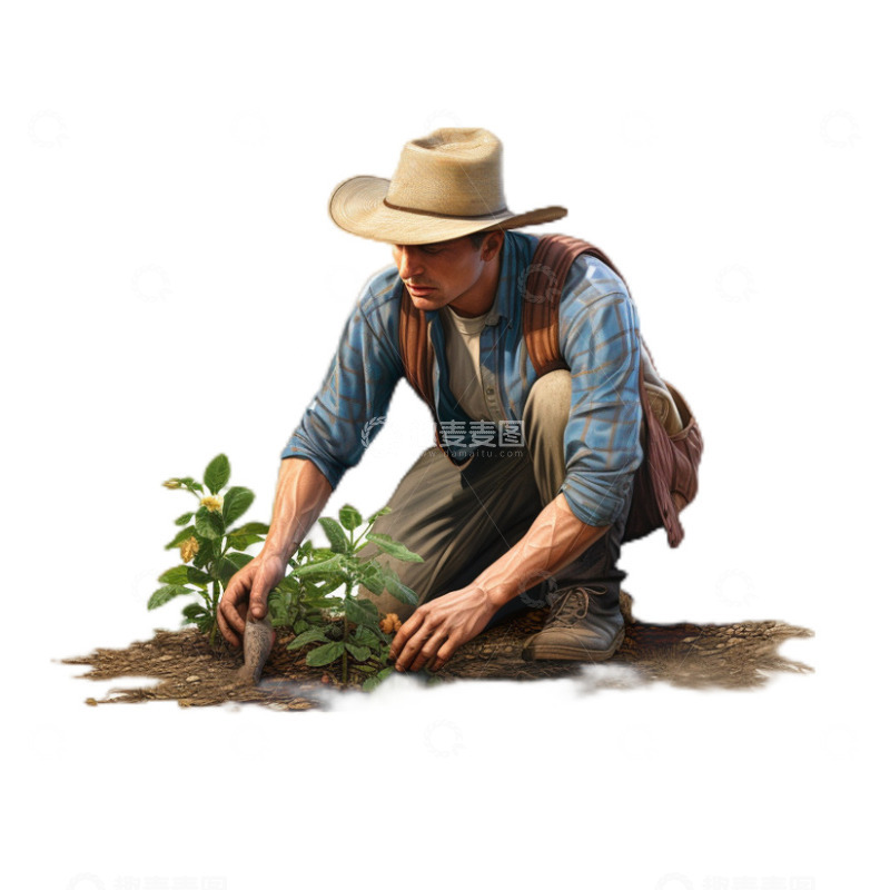 高清大图下载【趣麦麦图】3D立体卡通农民真实农业蹲姿