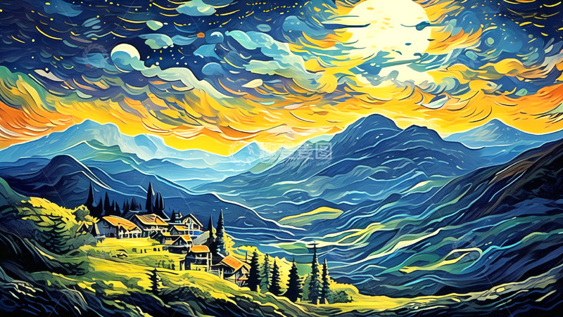 高清大图下载【趣麦麦图】梵高风格艺术插画