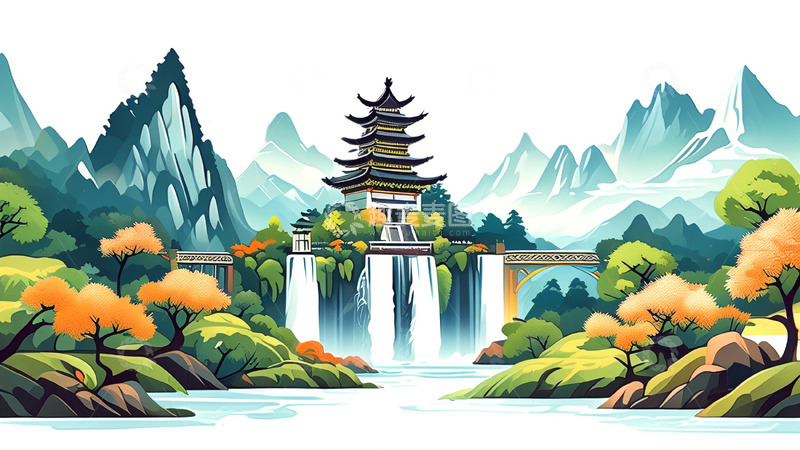高清大图下载【趣麦麦图】青山流水插画元素