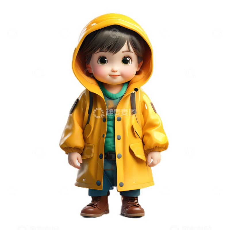 高清大图下载【趣麦麦图】3D立体卡通人物小孩雨衣下雨